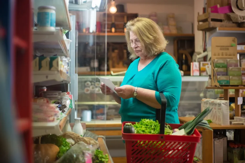 Une cliente fait ses courses avec un panier rouge dans une épicerie de proximité