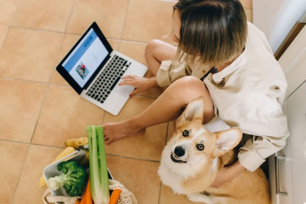 Une femme commande des courses sur son ordinateur portable à côté d'un sac de légumes